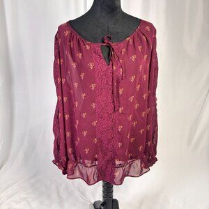 Boutique Maroon Floral Boho-chic Sheer Long Sleeve Tunic, Lace Details, Plus Siz